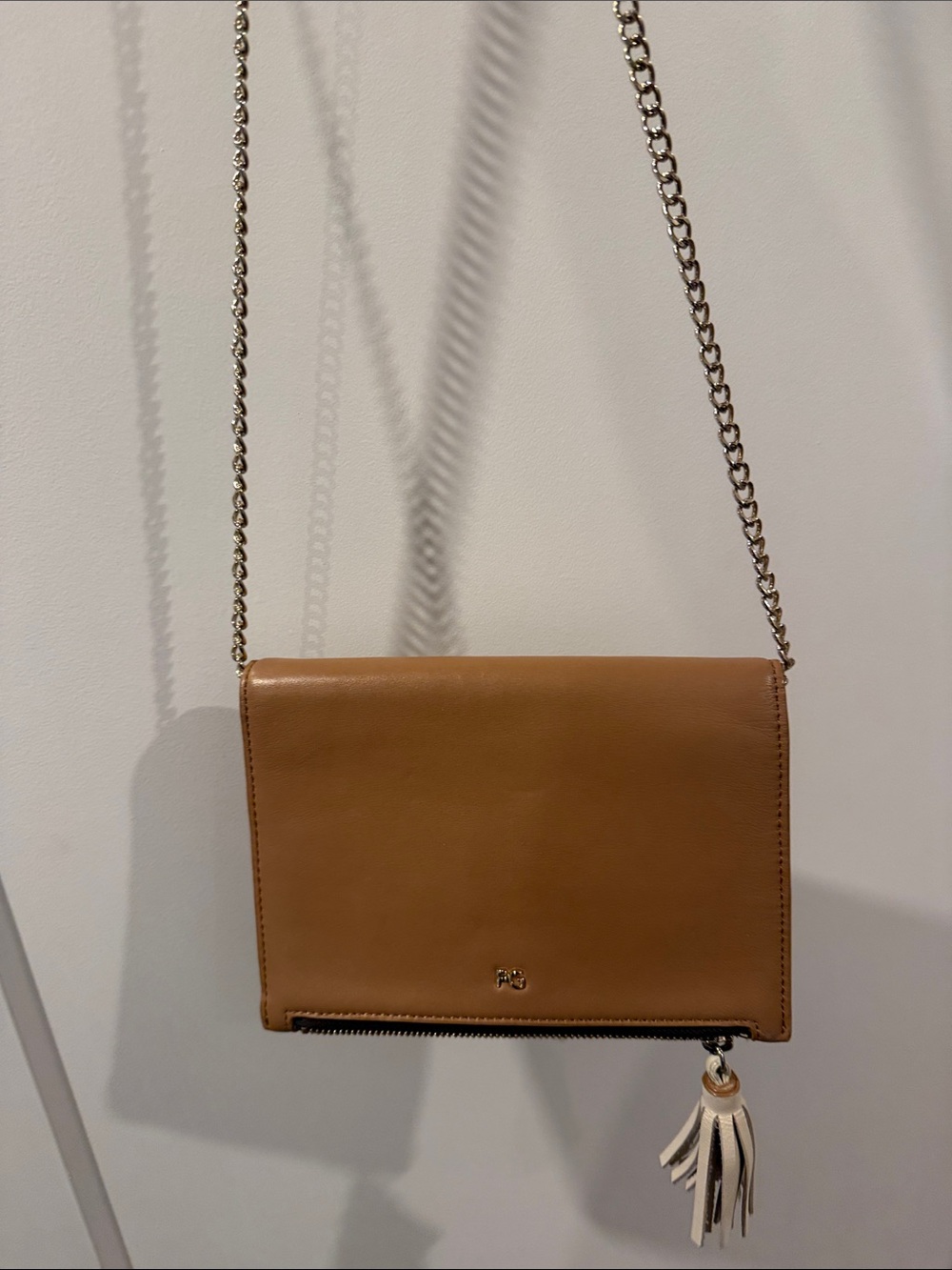 Tan Leather Crossbody Bag with Chain Strap and Tassel